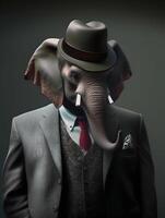 gángster elefante con de moda traje abrigo. ai generado foto