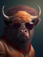 Gangster bison or buffalo with fashionable suit coat. photo