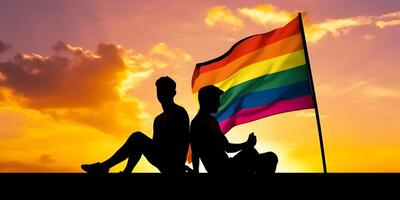 Two gay men with rainbow flag. Concept of LGBT pride. photo