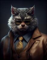 gángster gato montés con de moda traje abrigo. ai generado foto