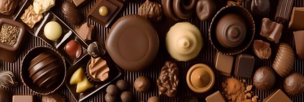 Various types and shapes of chocolate wallpaper background. photo