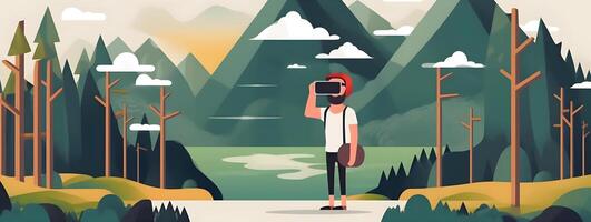 Man with VR headset traveling and experiencing virtual reality. photo