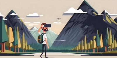 Man with VR headset traveling and experiencing virtual reality. photo