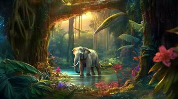 Elephant in fantastic and beautiful jungle. AI generated photo