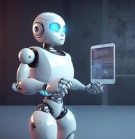Robot holding tablet. Concept of chatbot with AI. photo