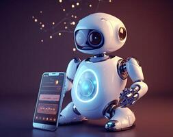 Robot beside smartphone. Concept of chatbot with AI. photo