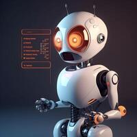 Robot beside data screen. Concept of chatbot with AI. photo