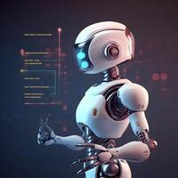 Robot beside data screen. Concept of chatbot with AI. photo