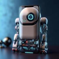 Robot in the smartphone. Concept of chatbot with AI. photo