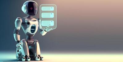 Robot with chat box. Concept of chatbot or ai assistant. photo