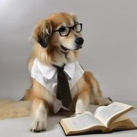 Golden retriever dog with eyeglasses and opened book. . photo