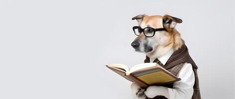 Cute pet dog with eyeglasses and opened book. AI generated. photo