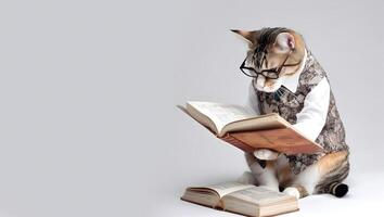 Cute pet cat with eyeglasses and opened book. . photo