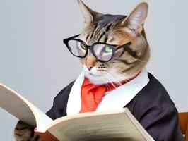 Cute pet cat with eyeglasses and opened book. AI generated. photo