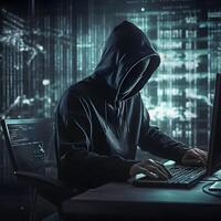 Hacker typing computer. Concept of cybercrime, cyberattack, dark web. photo