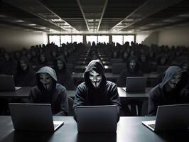 Hackers with hoodies. Hacker group, organization or association. AI generated photo