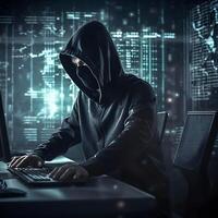 Hacker typing computer. Concept of cybercrime, cyberattack, dark web. photo