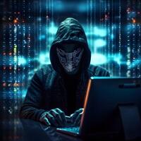 Hacker typing computer. Concept of cybercrime, cyberattack, dark web. photo