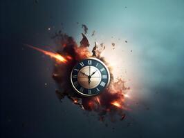 Clock with roman numbers. Concept of time flies, time passing, time exploration. photo