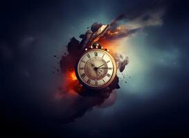 Clock with roman numbers. Concept of time flies, time passing, time exploration. photo