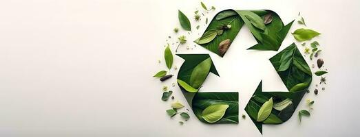 Recycling symbol ornate with green leaves and flowers. AI generated. photo