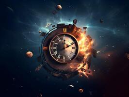 Clock with roman numbers. Concept of time flies, time passing, time exploration. photo