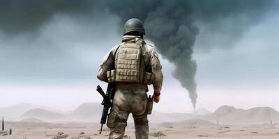 Back view of a soldier walking in battlefield. photo