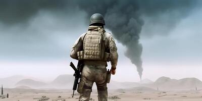 Back view of a soldier walking in battlefield. AI generated photo