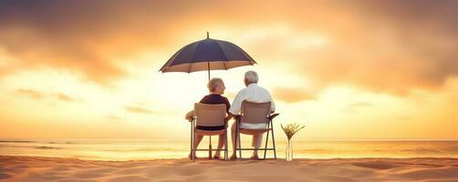 Elderly couple sitting at sunset beach. Concept of elderly love. AI generated photo