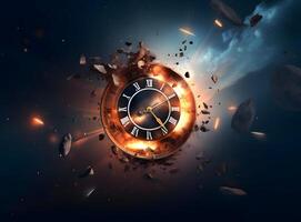 Clock with roman numbers. Concept of time flies, time passing, time exploration. photo