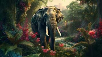 Elephant in fantastic and beautiful jungle. AI generated photo