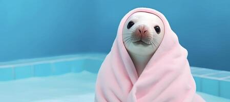 Seal with towel at swimming pool. photo