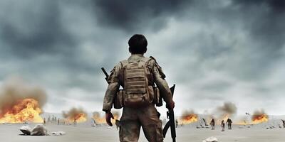 Back view of a soldier walking in battlefield. photo