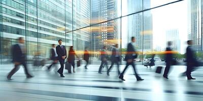 Time lapse image of busy business people on glass. AI generated photo