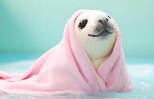 Seal with towel at swimming pool. photo