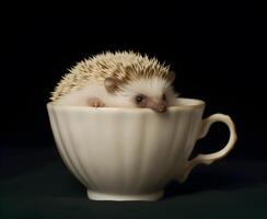 Cute and adorable hedgehog in tea cup. AI generated photo