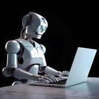 Futuristic robot using computer laptop. photo