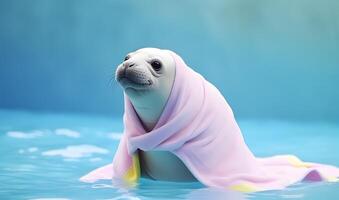 Seal with towel at swimming pool. AI generated photo