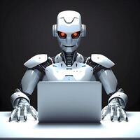 Futuristic robot using computer laptop. photo