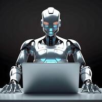 Futuristic robot using computer laptop. photo