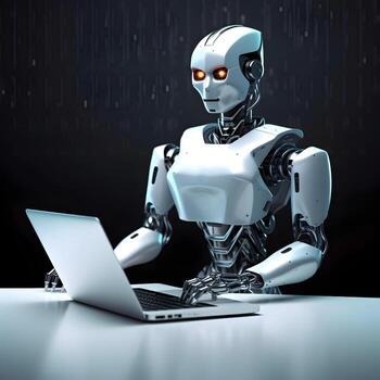 futurista robot utilizando computadora ordenador portátil. ai generado foto