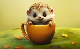 Cute and adorable hedgehog in tea cup. AI generated photo
