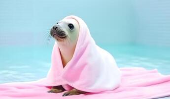 Seal with towel at swimming pool. photo