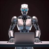 Futuristic robot using computer laptop. photo