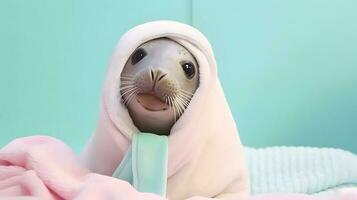 Adorable seal with towel wrapped. AI generated photo