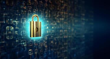 Lock on circuit pattern. Concept of data security and cybersecurity. photo