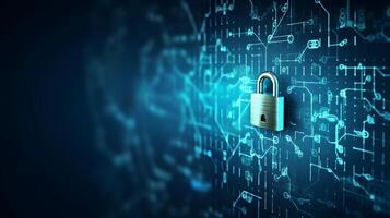 Lock on circuit pattern. Concept of data security and cybersecurity. photo
