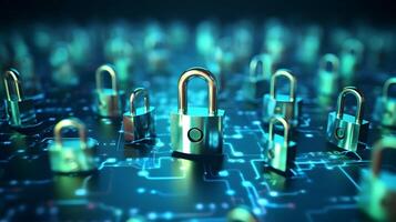 Locks on circuit pattern. Concept of data security and cybersecurity. photo