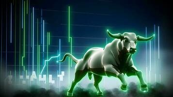 Bull with background of uptrend stock market. Concept of bullish market. AI generated photo