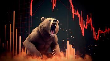 Bear with background of downtrend stock market. Concept of market crush. AI generated photo